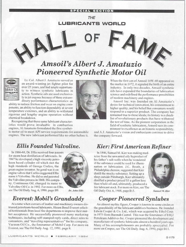 AMSOIL's Albert J Amatuzio Induction Into The Lubricants World Hall Of Fame