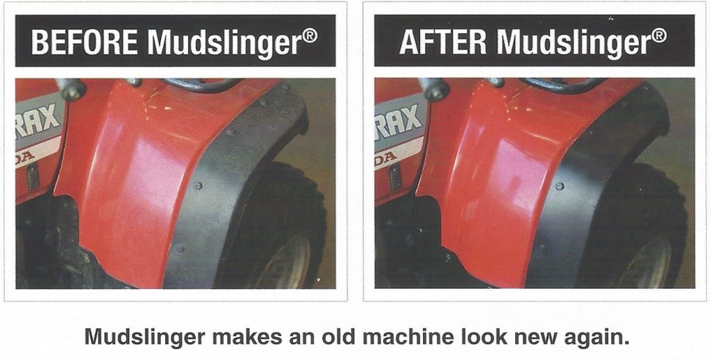 Comparison showing ATV/UTV fender before and after application of AMSOIL Mudslinger.