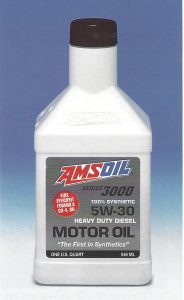 Bottle of AMSOIL Series 3000 Synthetic 5w30 Heavy Duty Diesel motor oil.